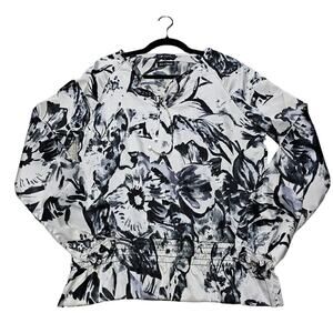 Spiegel Womens Size L Black White Satin Finish Dark Floral Blouse Ballon Sleeve